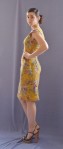 Cap sleeved sheath in gold vintage look floral with exposed zipper in blue
